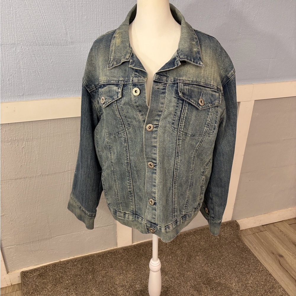 Vanilla Jeans Women’s Blue Jean Jacket Distressed SZ 2X Y2K Grunge Boho Buttonup